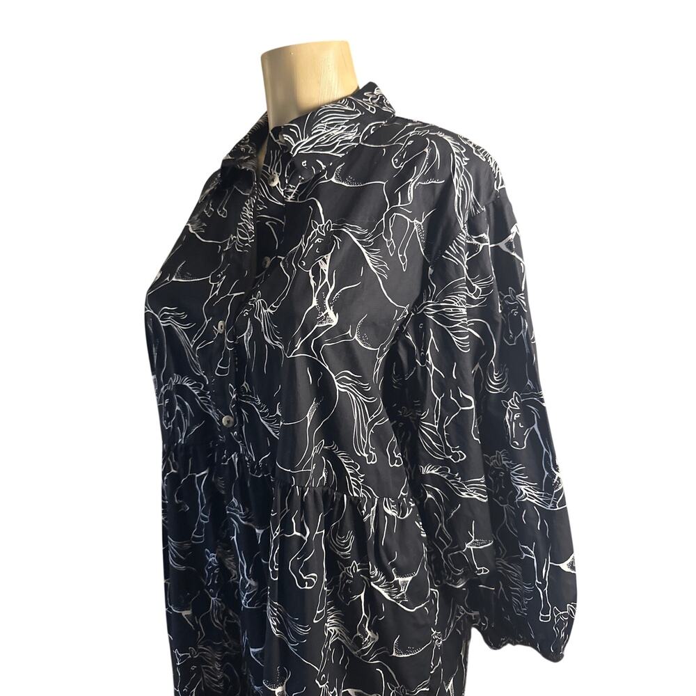 Women M Anthropologie Maeve Bettina Tiered Navy Horse Pony Printed Shirt Dress - Picture 3 of 8